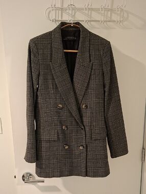 Zara Grey & Black Glen Plaid/Check Double-breasted Structured Blazer (Size S)